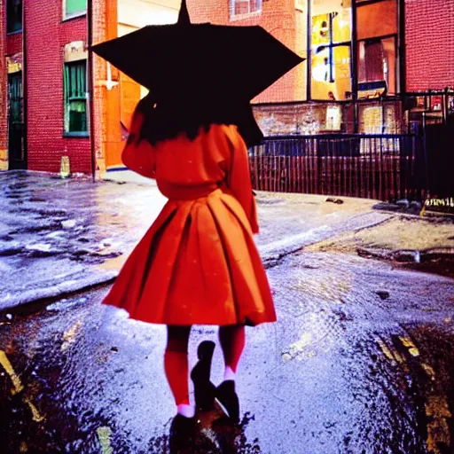 Image similar to night flash portrait photography of a catholic high school girl in uniform on the lower east side by annie leibovitz, colorful, nighttime!, raining!