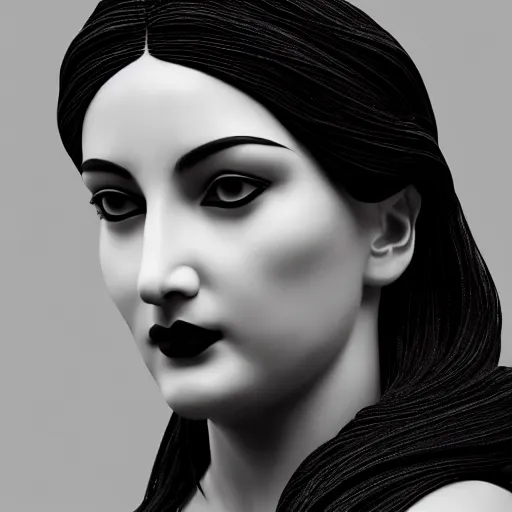 Image similar to smooth white marble statue face of gorgeous woman, black onyx details, black and gold wires, hyper realistic render, super detailed, photo quality, octane render, corona render