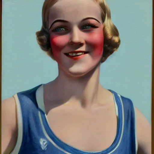 Image similar to a 1 9 2 0 s ultra - realistic color portrait. happy, healthy, beautiful, smiling, young, sporty, blonde, blue - eyed symmetric woman in decent athletic wear. hyper - realistic detailed drawing