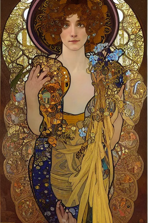Image similar to a full body portrait of the annunciation oil painting cross between the styles of alphonse mucha and gustav klimt gold leaf, intricate detailed,