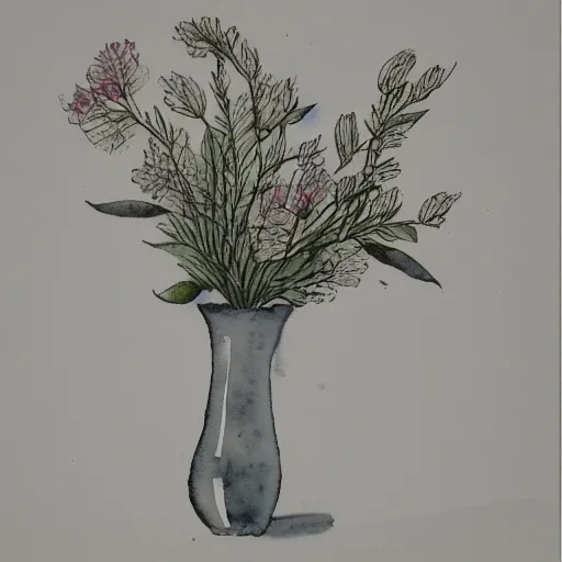 Image similar to monochrome watercolor high vase with dry flowers, background shifon