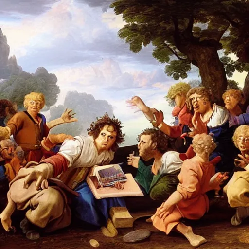 Prompt: Baroque painting of a group of Hobbits arguing who gets the next turn on Playstation,