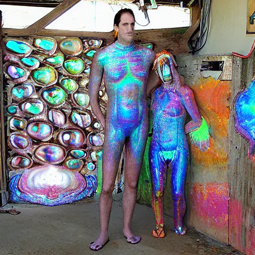 Image similar to a human standing in his garage, covered with iridescent bodypaint, shells and barnacles, 2 0 0 7 motorola cell phone pic