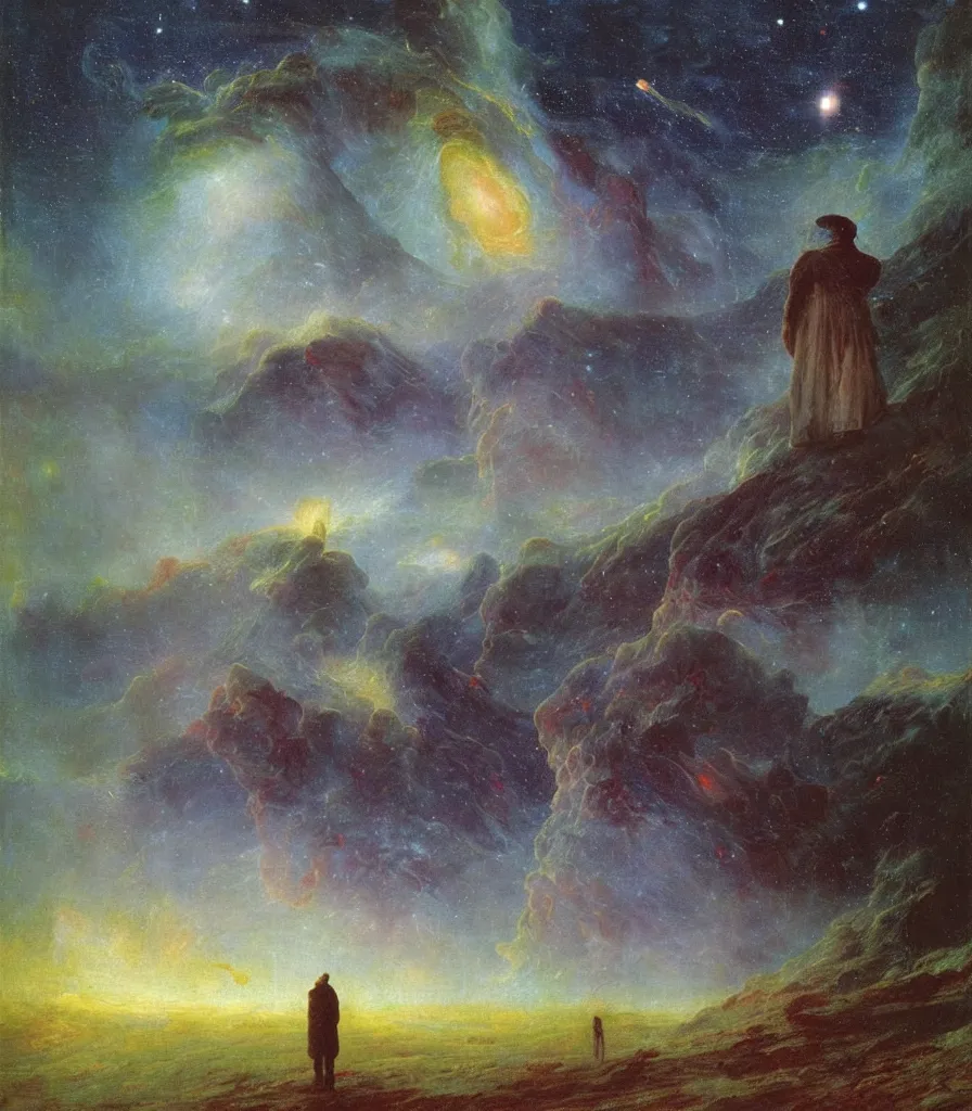 Prompt: an impasto oil painting of a futuristic wanderer gazing into a misty universe full of mystical colorful light nebulae and galaxie spainted by caspar david friedrich, light colors, impressionism