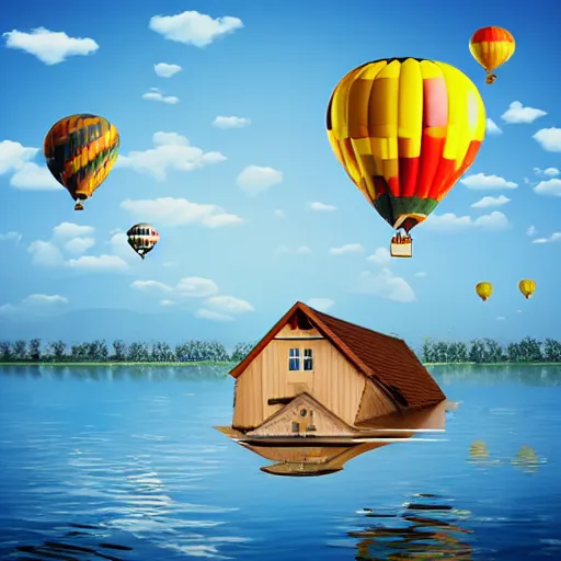 Prompt: house floating in the sky with hot air balloon