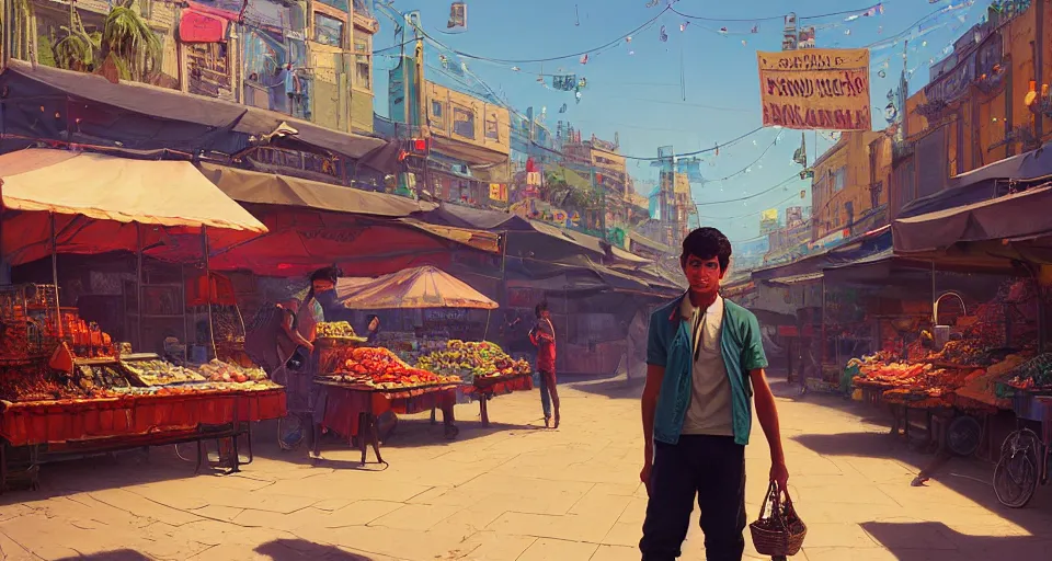 Image similar to highly detailed portrait young man mexican vendor in gta v, street market, happy ambience, stephen bliss, unreal engine, fantasy art by greg rutkowski, loish, rhads, ferdinand knab, makoto shinkai and lois van baarle, ilya kuvshinov, rossdraws, tom bagshaw, global illumination, detailed and intricate environment