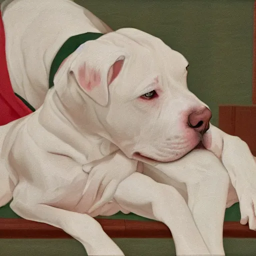 Image similar to painting of tired white pitbull puppy curled up on a japanese man's lap, highly detailed, cozy aesthetic, anime key visual, fukaya yuichiro