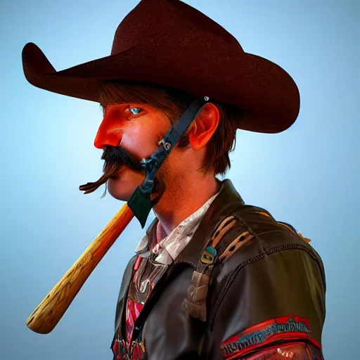 Prompt: Photorealistic cowboy with a bat as a moustache. Hyperdetailed photorealism, 108 megapixels, amazing depth, glowing rich colors, powerful imagery, psychedelic Overtones, 3D finalrender, 3d shading, cinematic lighting, artstation concept art