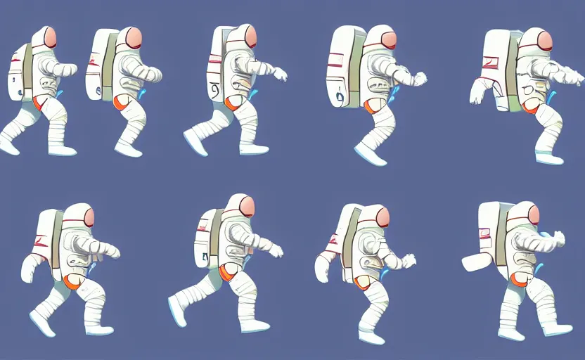 Image similar to 4 frame walk cycle of a cartoon astronaut, walk cycle animation sheet