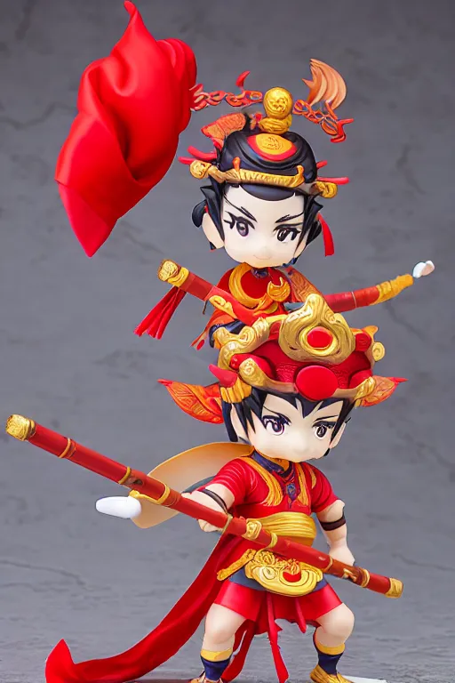 Image similar to arty chinese mythology ne zha nendoroid full body hyperdetalied, hero action pose, osamu tezuka, macoto takahashi, chibi, q posket, 8 k realistic, 3 d, cryengine, exquisite, red cloth around his shoulders, hold spear, ne zha ( 2 0 1 9 ), fenghua zhong,