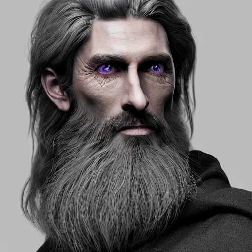 Image similar to a highly detailed portrait of a man without a beard, purple eyes, light gray long hair, wearing a black cloak, artstation, DeviantArt, professional, octane render