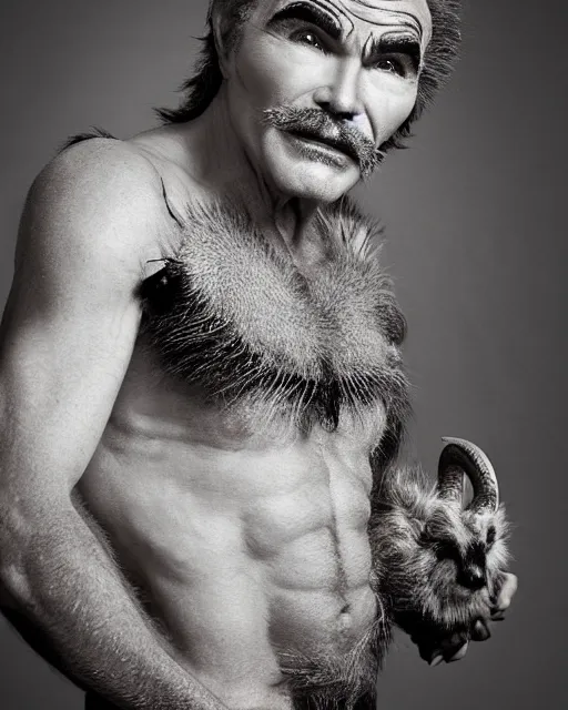 Image similar to actor Burt Reynolds in Elaborate Pan Satyr Goat Man Makeup and prosthetics designed by Rick Baker, Hyperreal, Head Shots Photographed in the Style of Annie Leibovitz, Studio Lighting