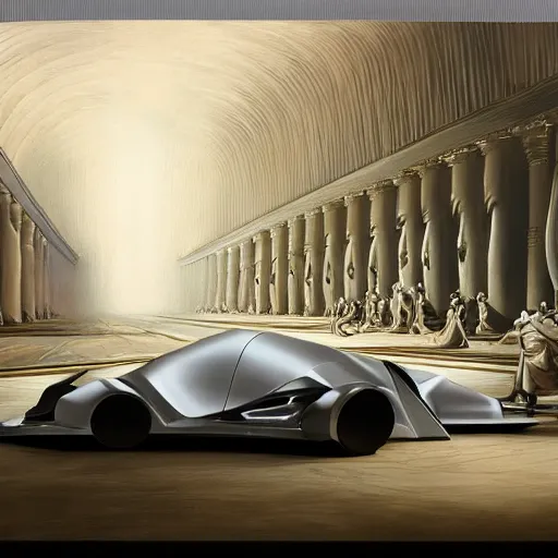 Image similar to sci-fi car zaha hadid forms car and wall structure in middle of the coronation of napoleon painting by Jacques-Louis David black ceramic material shiny gloss water reflections search pinterest keyshot product render 4k
