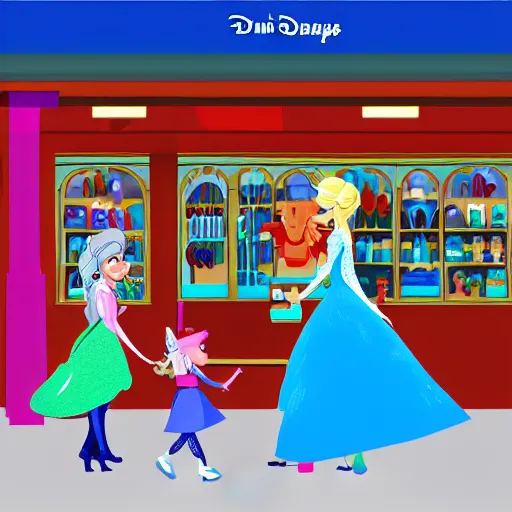 Image similar to a hand drawn illustration of Anna and Elsa walking through a toy store together, digital art, Walt Disney Pictures Walt Disney Animation Studios