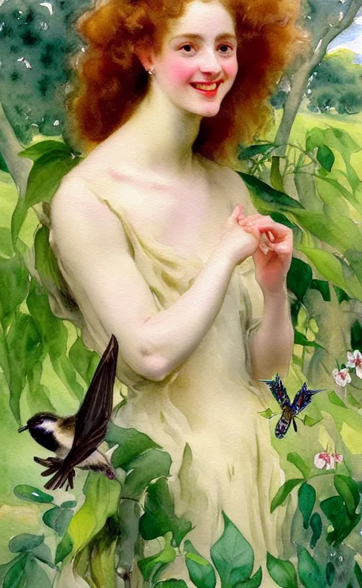 Image similar to the face of a young woman with marble complexion, angelic features, dancing curls around her face, her head raised in rapture, laughing, symmetrical eyes, watercolor by john singer sargent, background lush vegetation, insects and birds, 8 k uhd
