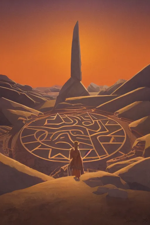 Image similar to circle of standing stones engraved with ancient geometric patterns, dramatic cinematic lighting, rich colors, by Nicholas Roerich and William Dyce and April Gornik and Caspar David Friedrich and Sylvain Sarrailh and Ludwig Deutsch and Diego Rivera and Tyler Edlin, featured on artstation