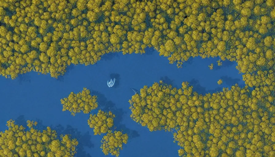 Prompt: aerial portrait of a vast lake surrounded by woodland, highly detailed, sunny, blue sky, cinematic lighting, high angle, volumetric, photorealistic, digital art painting by greg rutkowski