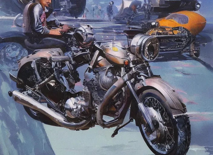 Prompt: ( ( ( ( ( classic vintage motorcycle, car concept art, sci - fi illustration, painting ) ) ) ) ) by vincent di fate and john berkey!!!!!!!