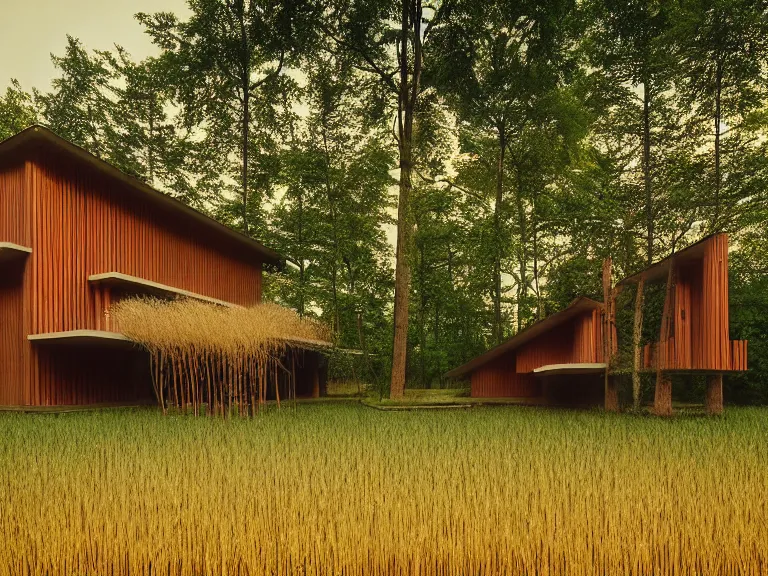 Image similar to hyperrealism design by frank lloyd wright and kenzo tange photography of beautiful detailed small house with many details around the forest in small ukrainian village depicted by taras shevchenko and wes anderson and caravaggio, wheat field behind the house, volumetric natural light