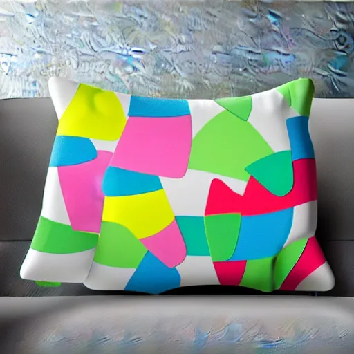 Prompt: Photograph of comfortable memory foam pillows designed by children, fun design, bright print, 8K HD, product shot