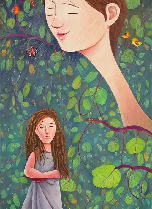 Image similar to a wonderful childrens illustration book portrait painting of a woman with serene emotion, art by tracie grimwood, forest, trees, many leaves, birds, whimsical, aesthetically pleasing and harmonious natural colors