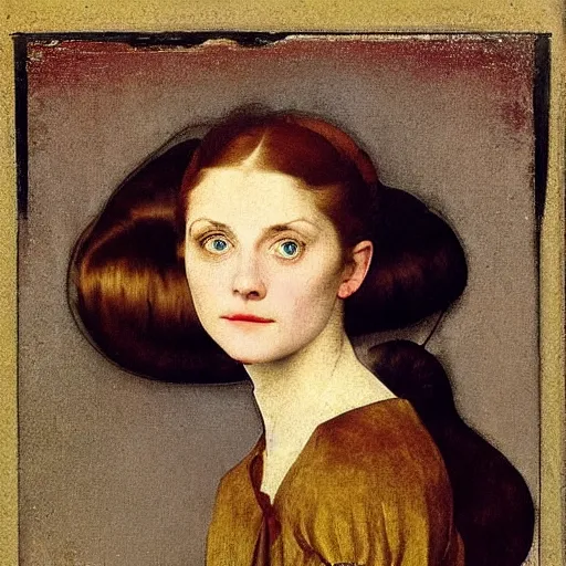 Prompt: portrait of a beautiful young lady with big silver eyes, colored daguerreotype by pontormo, by bosch, by mucha, by Mackintosh, by max ernst, art noveau, liminal, eerie, Bright pastel colors