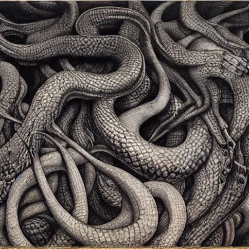 Image similar to the jumbled dreams of serpents, by M.C. Escher, by Santiago Caruso, oil on canvas, beautiful, eerie, surreal, colorful