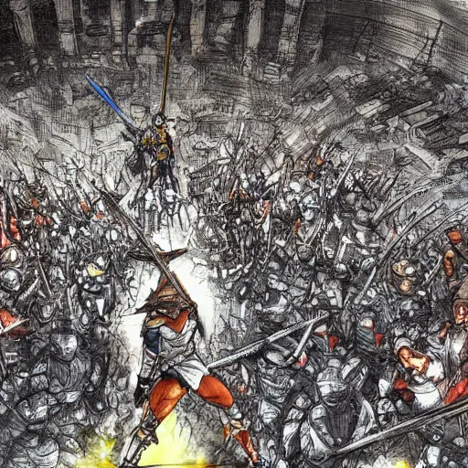 Image similar to one hero with sword looking at army of swordsmen in the background, in the middle of an arena, crowd of people, pencil art, straight, clear, added detail, high definiton, colored, aerial view, by yoji shinkawa