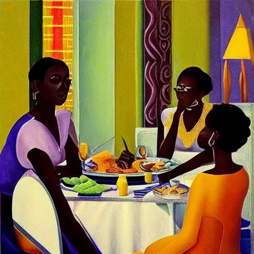 Image similar to dark skinned people eating at a regal buffet ultra detailed beautiful setting elegant event nigerian party minimalist gold ornaments iridescent lighting glamour in the style of edward hooper and henri matisse yinka shonibare oil painting