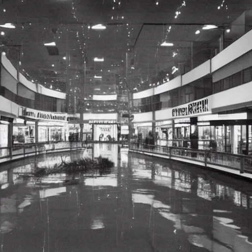 Prompt: shopping mall in dream slowly filling up with water :: water pouring out of every shop and into the foyer with a single dead tree :: bright 1980s mall signs :: unbearable dread :: boring woman floating in the air above the entire scene :: ominous found footage VCR video by Rembrandt