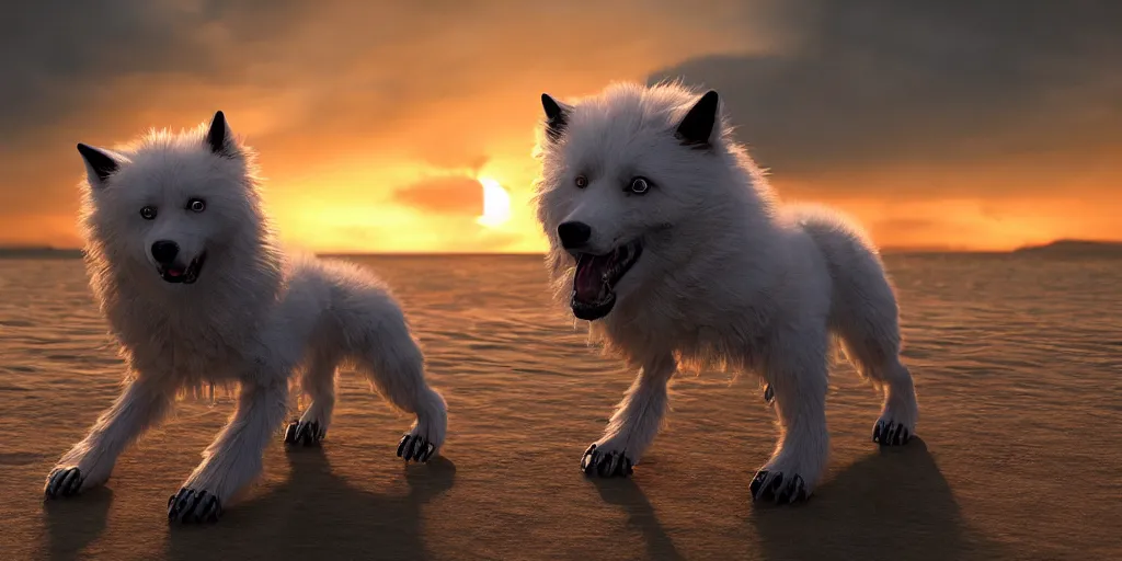 Image similar to a scary, evil, malevolent robotic canine appearance like a japanese spitz, robotic parts fused with the body and head, on a beach at sunset, this 4 k hd image is trending on artstation, featured on behance, well - rendered, extra crisp, features intricate detail and the style of unreal engine. golden hour