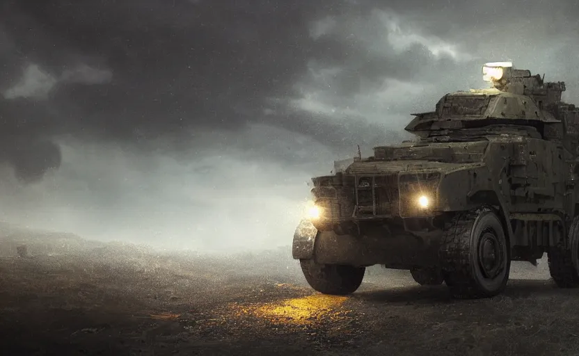 Image similar to a military vehicle in the mountain at night by Paul Chadeisson, blue headlights, dark image, stormy weather, landscape, military outpost, spotlights, atmospheric, artstation, concept art, illustration, sharp focus, high detail, octane render, intimidating