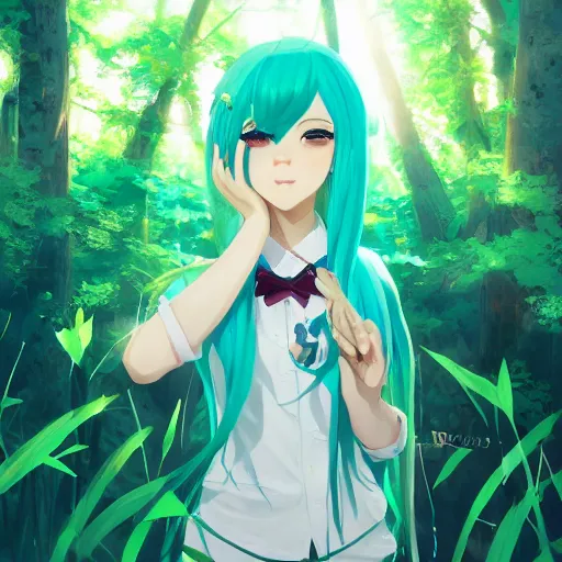 Prompt: portrait of Hatsune Miku, forest background, rich vivid colors, ambient lighting, dynamic lighting, 4k, HQ, official media, anime key visual, makoto shinkai, ilya kuvshinov, lois van baarle, rossdraws, detailed, trending on artstation