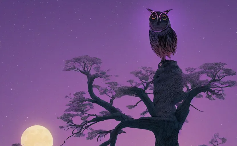 Prompt: owl in tree with moon staring down and the sky is purple, low level, rendered by beeple, makoto shinkai, syd meade, simon stalenhag, synthwave style, digital art, unreal engine, wlop, trending on artstation, 4 k uhd image, octane render,