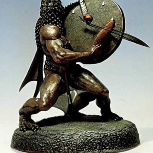 Prompt: a bronze age lizard warrior, carrying a round shield and a few javelins, by frank frazetta