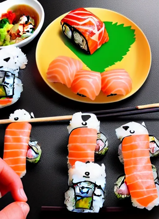 Image similar to clear photorealistic picture of adorable cats eating sushi made out of sushi