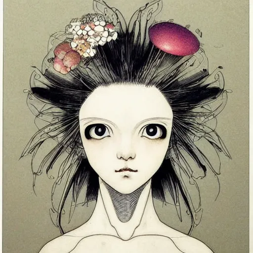 Image similar to prompt: Fragile looking vessel portrait face drawn by Katsuhiro Otomo, inspired by Carlo Dolci, magical and alchemical objects on the side, soft light, white background, intricate detail, intricate ink painting detail, sharp high detail, manga and anime 2000