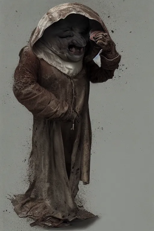 Prompt: a obese gray sniveling rat person wearing a decaying brown cloak, color painting by michal karcz