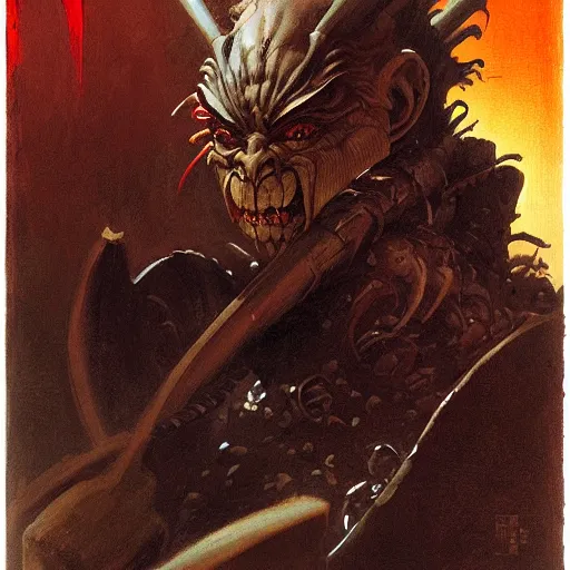 Prompt: quarter length portrait of a japanese hobgoblin, d & d, fantasy, greg rutkowski, frank frazetta, alexandre chaudret, boris vallejo, michael whelan, miro petrov, hr giger, magali villeneuve, donato giancola