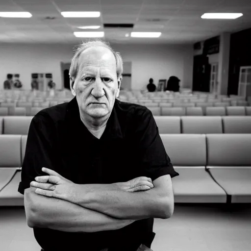 Prompt: wide angle portrait of werner herzog sitting alone in the waiting area of the dmv. ultra wide angle, wes anderson, award winning, hyperrealistic, grand budapest hotel, studio lighting, very detailed face, chiaroscuro, film noir