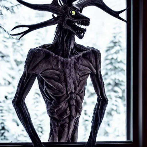 Image similar to wendigo on the outside of the window peaking in, spooky, realistic, clear, crisp, sharp, detailed