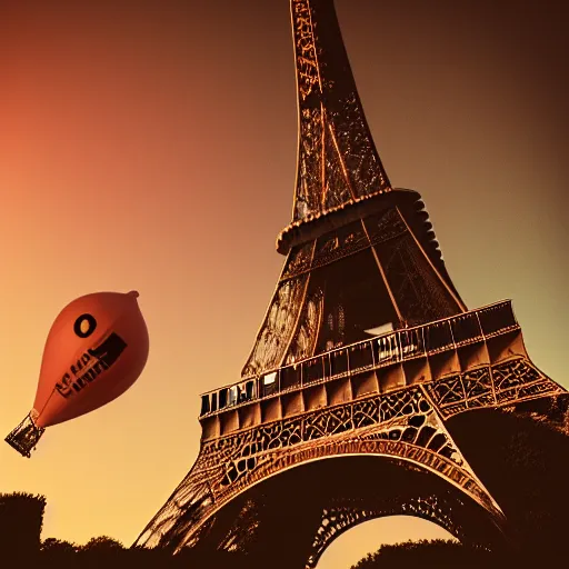 Prompt: a leather blimp floating near the eiffel tower shot during golden hour 3 0 mm film octane render