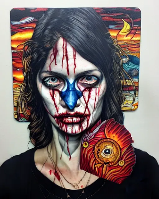 Image similar to a tarot card portrait horror and blood with sea and ocean intricate details by Sandra Chevrier