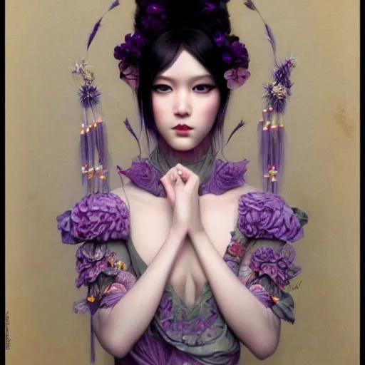 Image similar to photorealistic soft paint of absurdities and curiosities, very beautiful dollpunk asian princess full long dress, ultra deep fog, purple black lustrous thin haircut, partial symmetry accurate features, focus, very intricate ultrafine details, award winning masterpiece, tom bagshaw ross tran