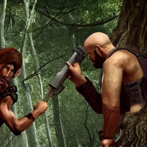 Prompt: Leon from resident evil, fighting the god Zeus, On a tree