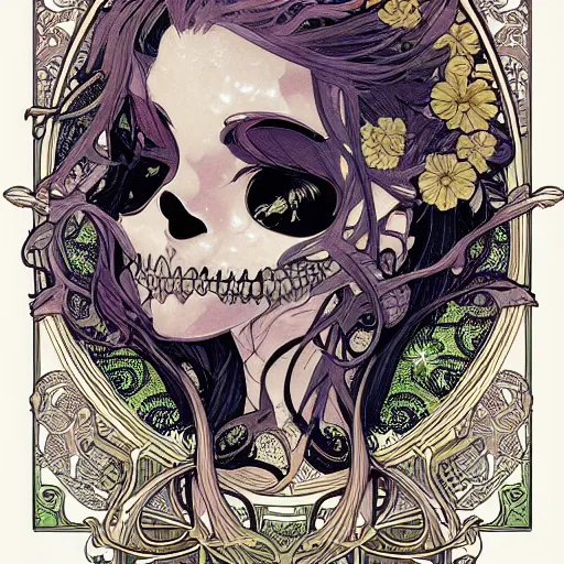 Image similar to anime manga closeup skull portrait floral detailed highres 4k intricate nature comic patterns vector illustration style by Alphonse Mucha and James Jean pop art nouveau