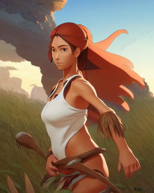 Image similar to ginger tanned woman in a prehistoric outfit, by artgerm, hair tied in a ponytail, white background, by studio muti, greg rutkowski makoto shinkai takashi takeuchi studio ghibli