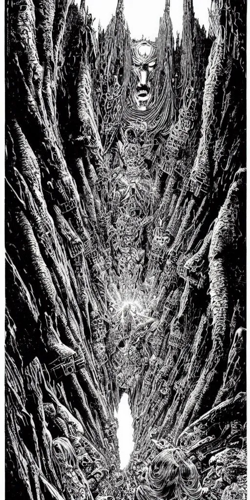Prompt: hells gates by philippe druillet and gustave dore and much a and moebius
