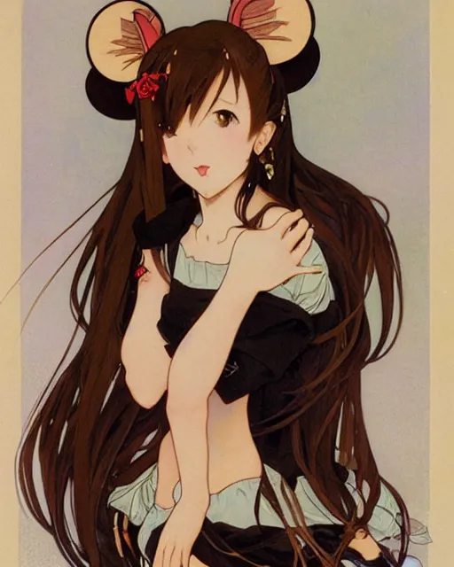 Prompt: A cute frontal painting of a very very beautiful anime skinny mousegirl with long wavy brown colored hair and small mouse ears on top of her head wearing a cute black dress and black shoes looking at the viewer, elegant, delicate, feminine, soft lines, higly detailed, smooth , pixiv art, ArtStation, artgem, art by alphonse mucha Gil Elvgren and Greg rutkowski, high quality, digital illustration, concept art, very long shot