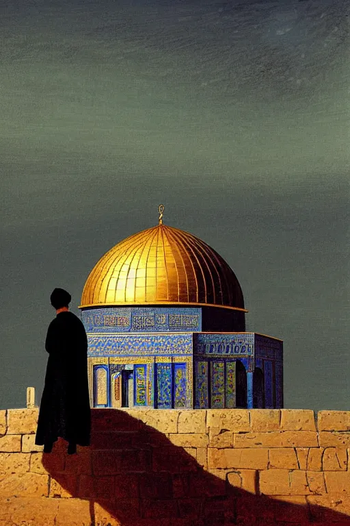 Image similar to a beautiful illustration of dome of the rock jerusalem and a silhouette of a muslim is praying in front of it, impasto paint in the style of martin johnson heade and h. r. giger